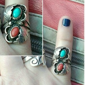 Native American Turquoise & Coral Ring